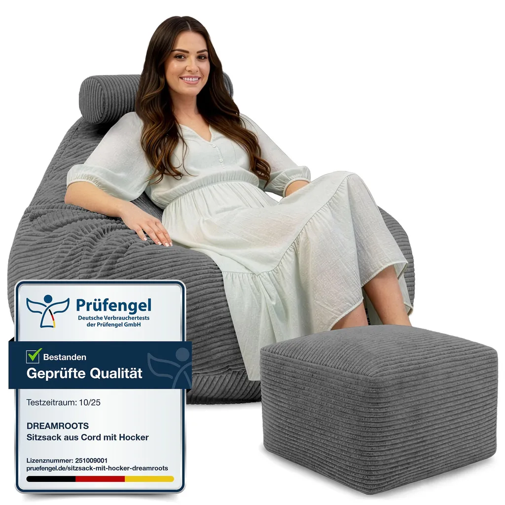 Pouf poire ergonomique avec repose-pieds Gris Granite pour adulte