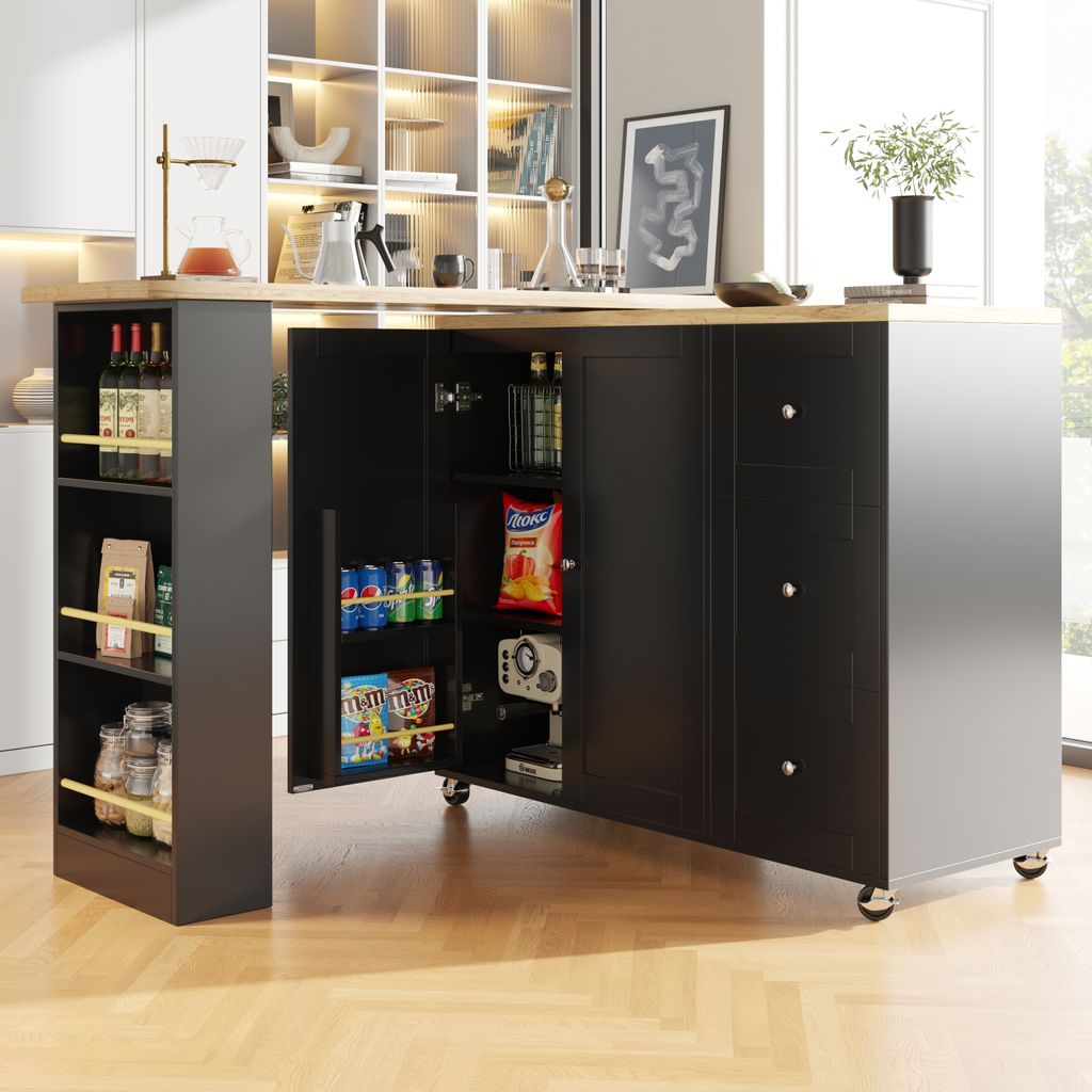Abrihome Esszimmertisch Bartisch 360° Drehbar, Ausziehbar Stehtisch mit Schrank und Schubladen, Schwarz