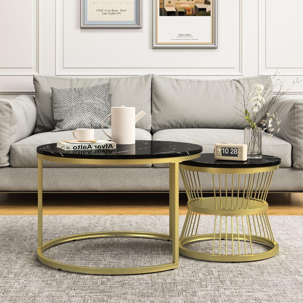 Fortuna Lai Couchtisch Set 2er, Marmor Furnier Beistelltische, Runde Endtische mit Schwarzem Metallrahmen, Nest von Tischen für Sofa