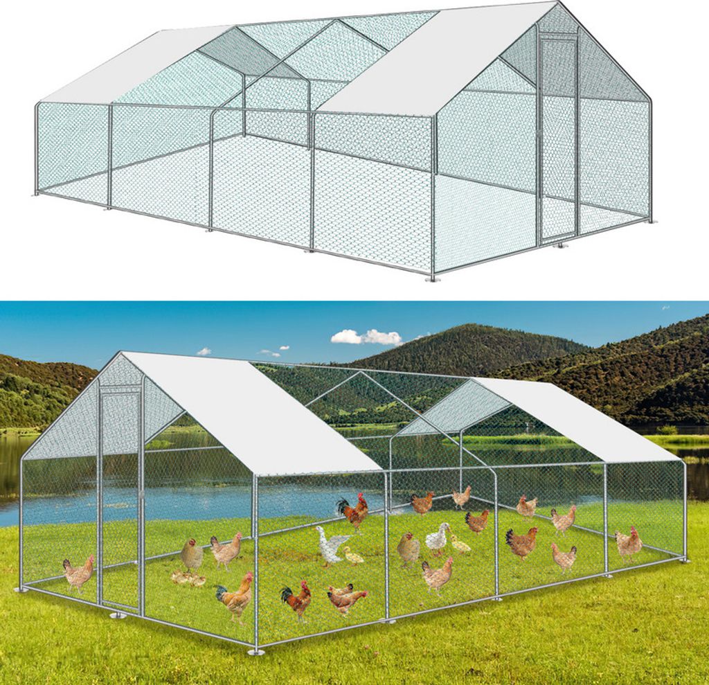 Clanmacy Hühnerstall Outdoor großer Hühnerhaus Dach Freilaufgehege Geflügelstall mit PE Verzinkter Stahlrahmen und abschließbare Tür 3 x 8 x 2 m