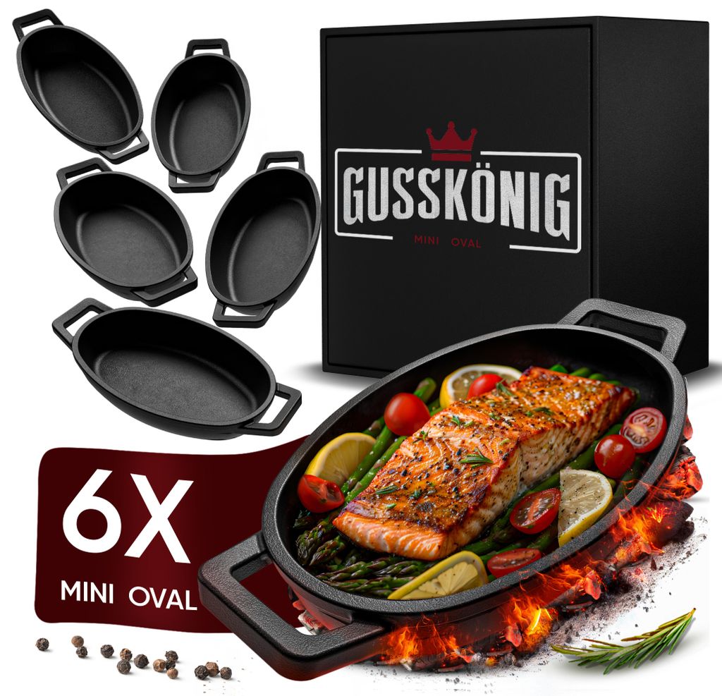 GUSSKÖNIG Servierpfannen Set - 6 ovale Gusseisen Grillpfännchen für Grill - Gusseisenpfanne klein 11x19 cm - eingebrannte Mini Pfanne