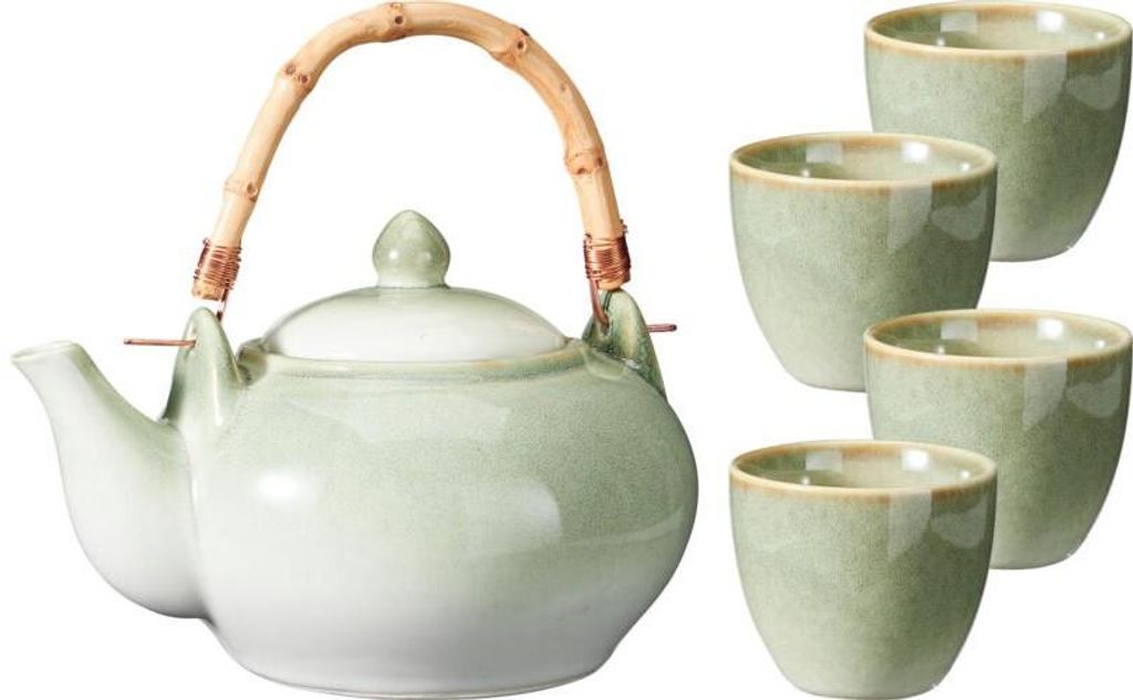 Thee-set van keramiek met theepot en 4 kopjes – lichtgroen, Productafbeelding 