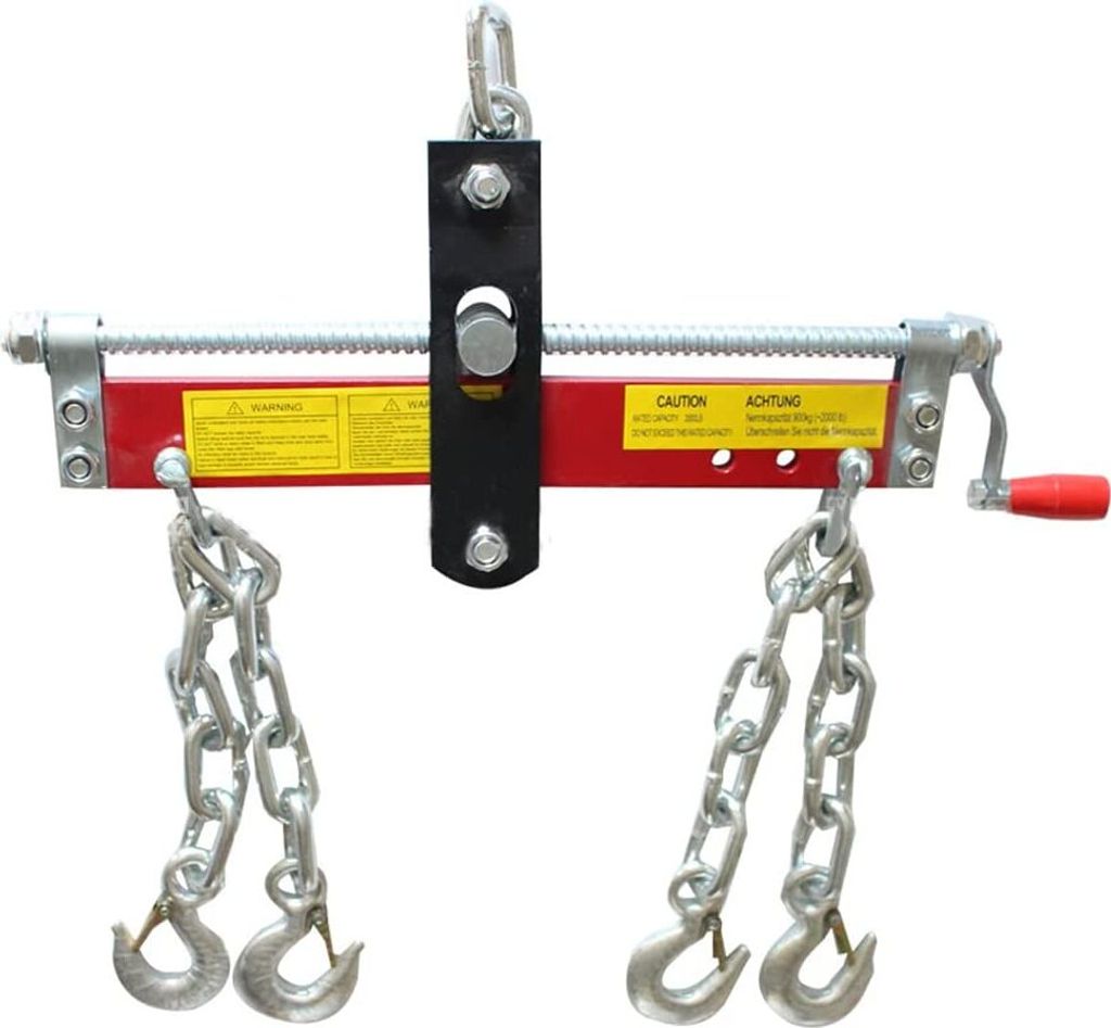 A red and silver motor balancer with chains and hooks, set against a white background.