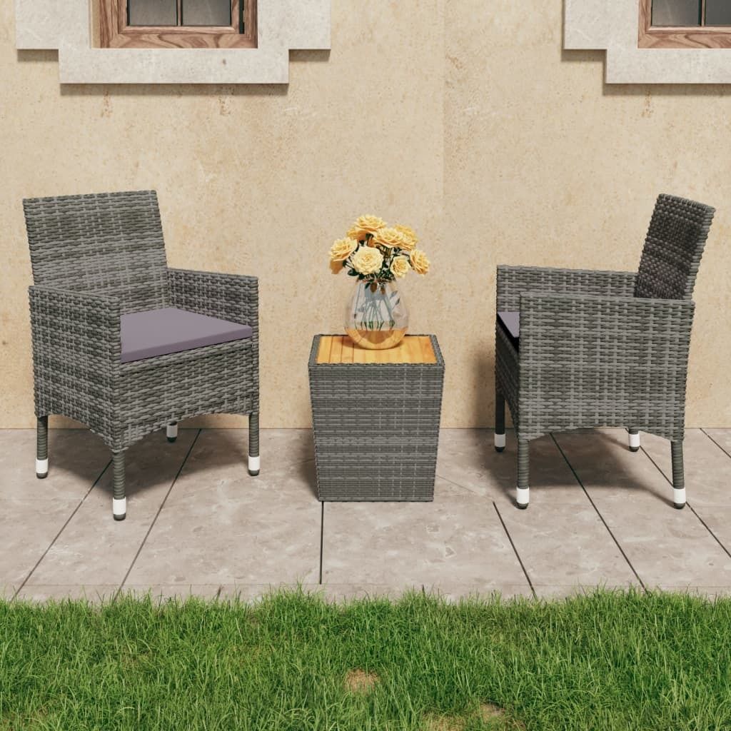 The Living Store 3-tlg. Bistro-Set Poly Rattan und Akazienholz Grau