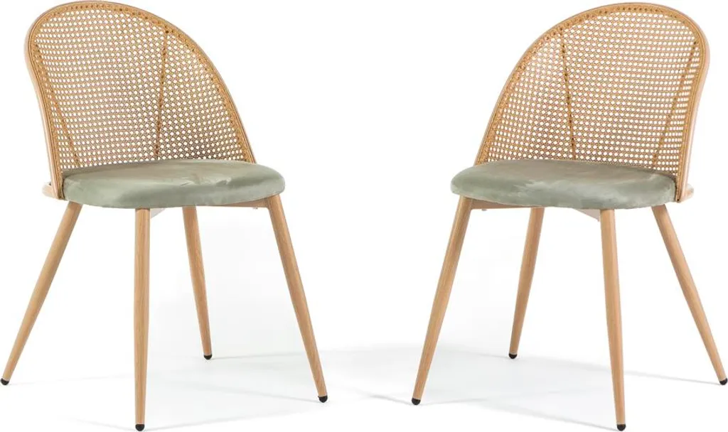 Chaises en velours et dossier canné, structure aspect bois lot de 2
