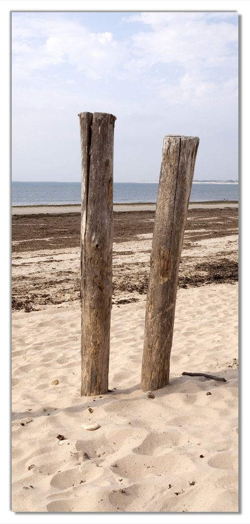 Wallario selbstklebende Türtapete 100 x 220 cm mit Schutzlaminat - Sandstrand mit Holzpfählen am Atlantischen Ozean