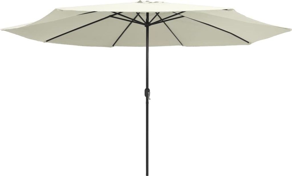 A cream-colored patio umbrella with a dark pole is shown against a white background.