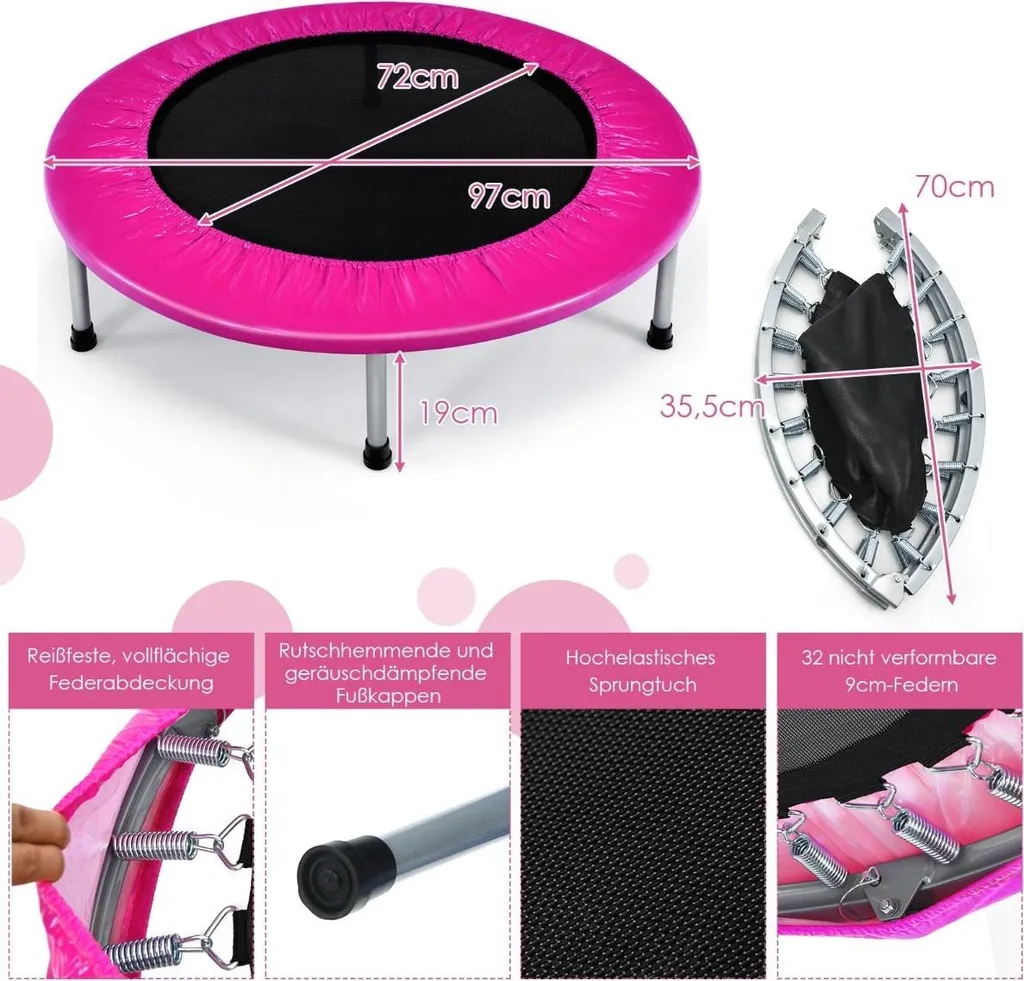 Trampoline 97 cm pliable rose avec structure renforcée charge 150 kg - 2