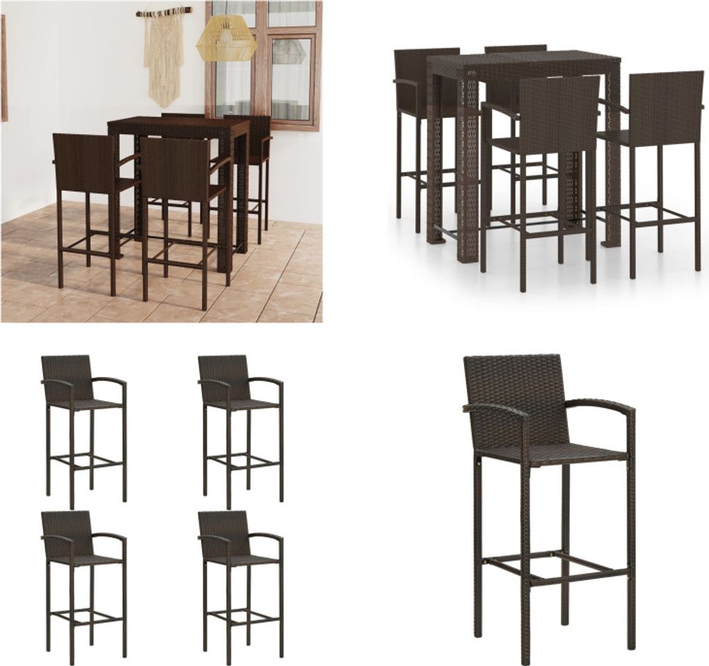 vidaXL 5 tlg. Garten Bar Set mit Armlehnen Poly Rattan Braun - Bar-Set - Bar-Sets - Bartisch Und Barhocker - Bartisch