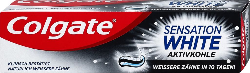 A product box for Colgate Sensation White toothpaste.