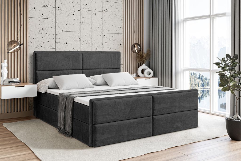 ALTDECOR Boxspringbett mit Fußteil, H3 Matratze und Topper - 120x200 cm - AURA-Z - Schwarz Samt - Polsterbett mit Bettkasten und Lattenrost, Bett ...