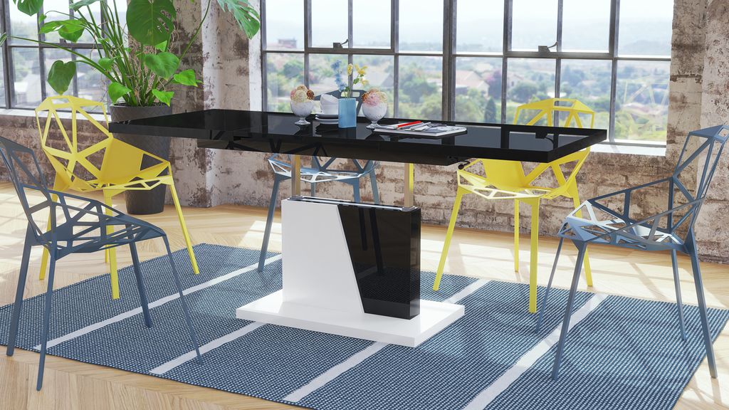 Grand Noir Couchtisch ausziehbar höhenverstellbar 120-180cm in Schwarz Hochglanz - Weiß matt modern vielseitig Wohnzimmertisch Esstisch Beistellt...