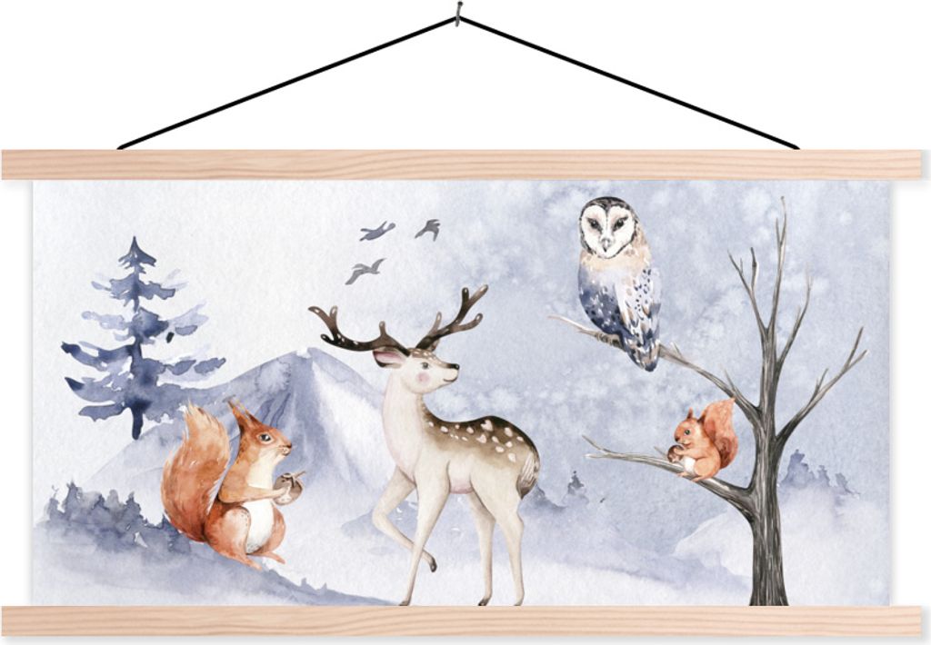 MuchoWow Textilposter Winter - Hirsche - Eichhörnchen 60x30 cm mit holzfarbenen Rahmen - Dekoration