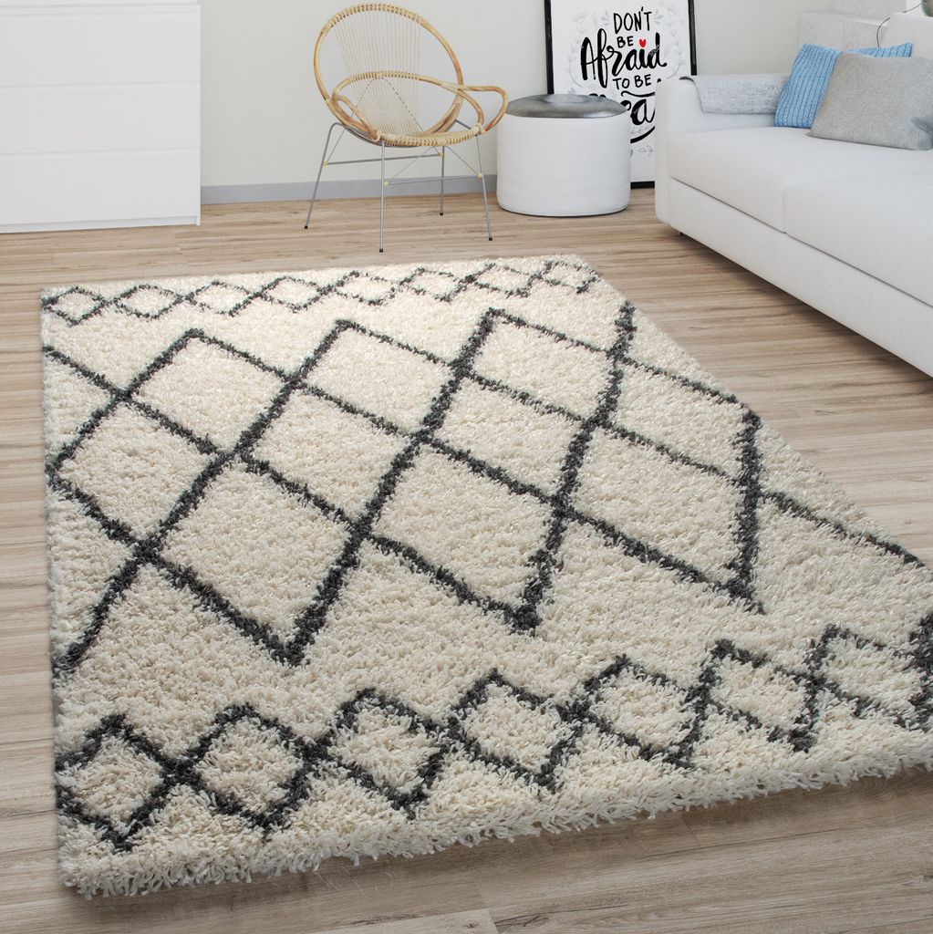 Hochflor Teppich Wohnzimmer Shaggy Langflor Modernes Boho Skandi Rauten Muster Grösse 120 cm Rund