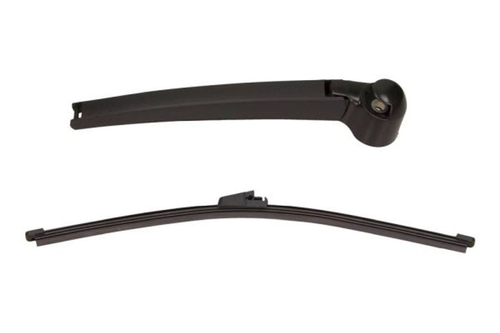 A car windshield wiper arm and blade are shown against a white background.