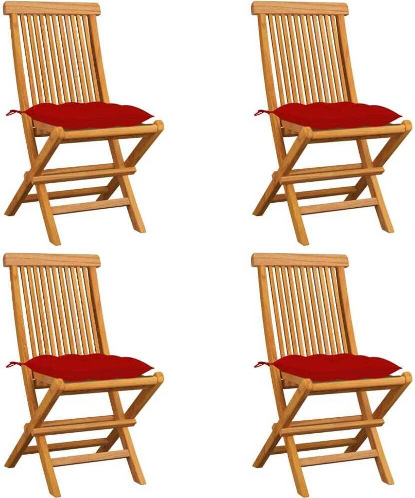Gartenstühle mit Roten Kissen 4 Stk. Massivholz Teak