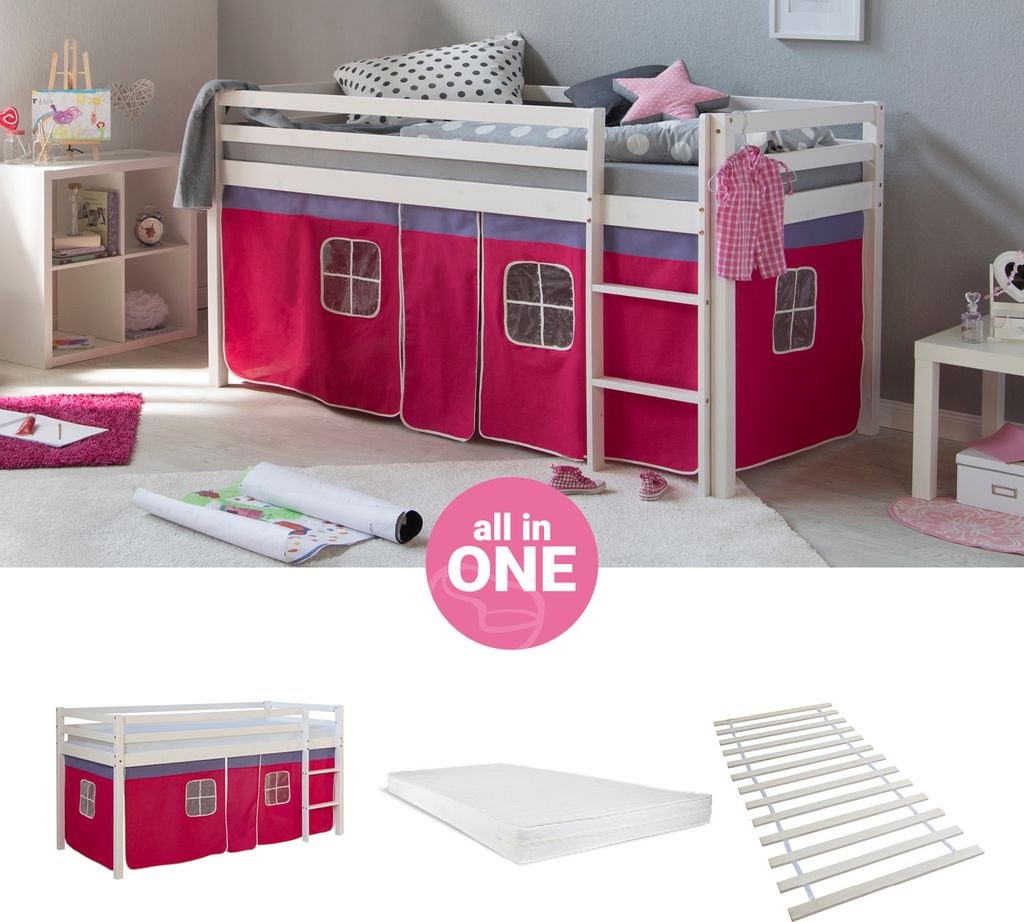 Homestyle4u Hochbett 90x200 mit Matratze Vorhang Rosa Pink Produktbild 