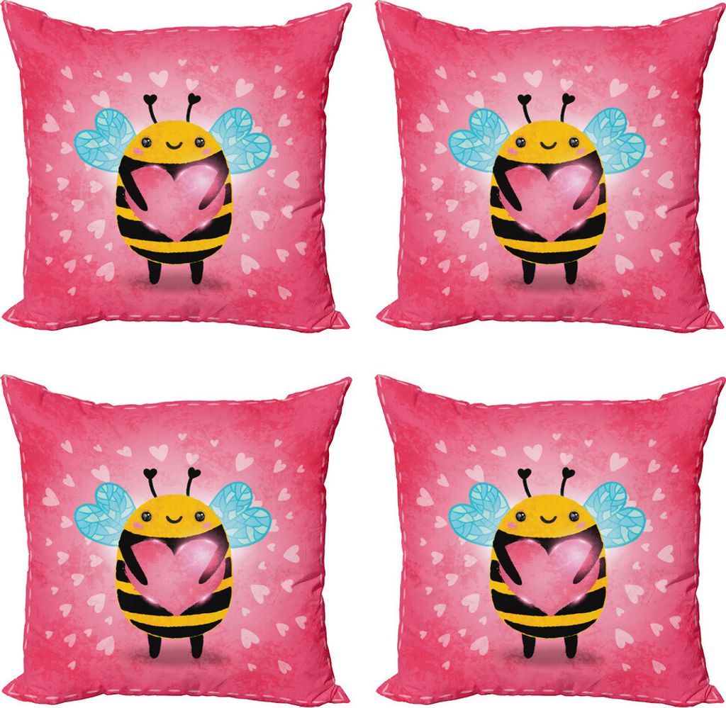 ABAKUHAUS Bienenkönigin Kissenbezug Set (4 Stück), Hummel-Karikatur, Moderner Doppelseitiger Digitaldruck, 40 cm x 40 cm, Coral Pale Blau Gelb