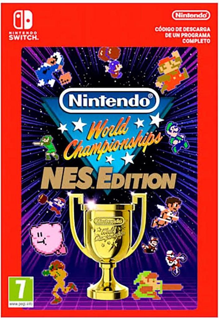 The image is the front cover of the Nintendo World Championships NES Edition game for the Nintendo Switch. It features pixelated characters from various Nintendo games surrounding a golden trophy.