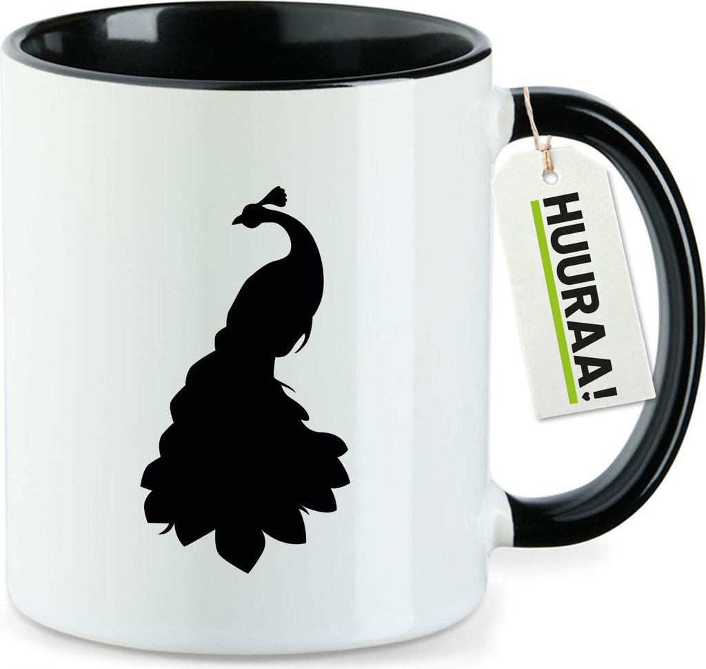 Huuraa Kaffeetasse Pfau Silhouette 330ml Schwarz Keramik Kaffeebecher Geschenkidee