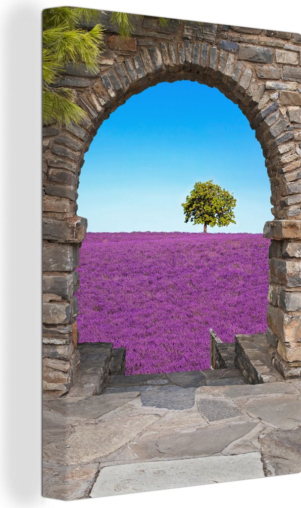 OneMillionCanvasses - Leinwandbilder - 90x140 cm, Blumen - Lavendel - Baum - Ansicht, - Geöffnetes Fenster - Fensterblick Schlafzimmer Kunstdruc...