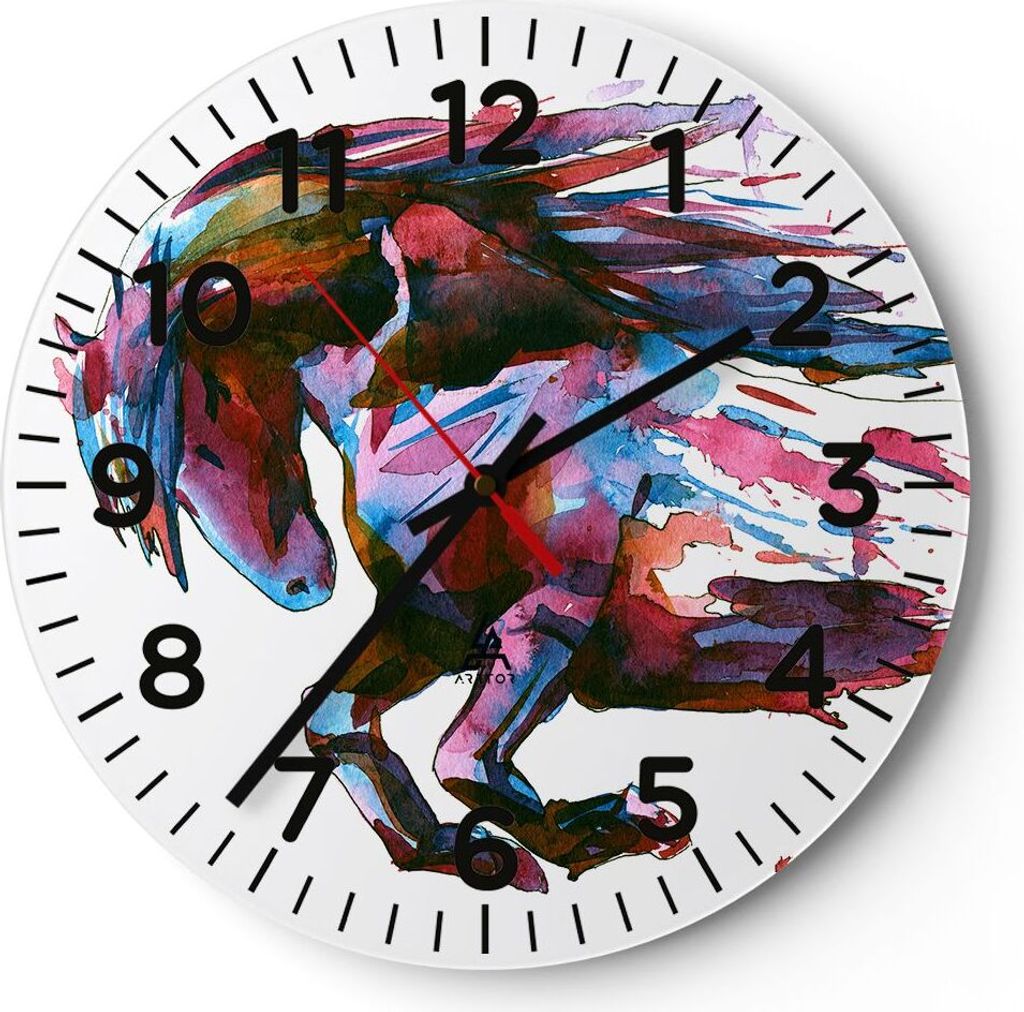 Wanduhr - Rund - Glasuhr - Pferd Eleganz wild Tier - 30x30cm - Schleichendes Uhrwerk - Lautlos - zum Aufhängen bereit - Dekoration Modern - Wandde...