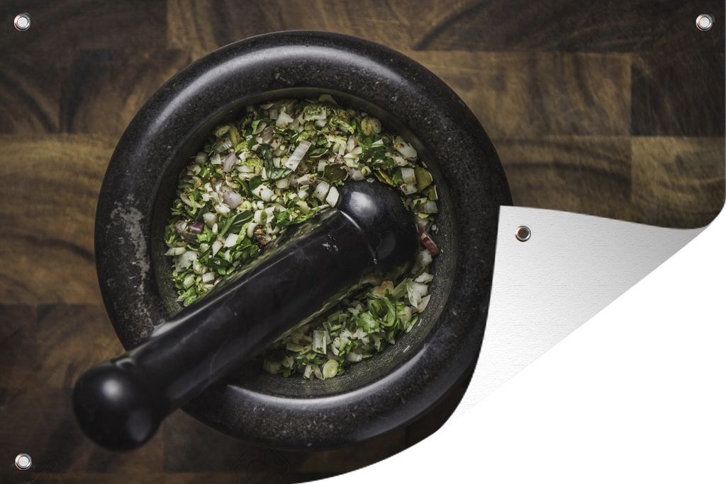 MuchoWow 60x40 cm Outdoor-Poster Gartendeko Sichtschutz Garten Poster für den Garten Das grüne Curry in einem Mörser