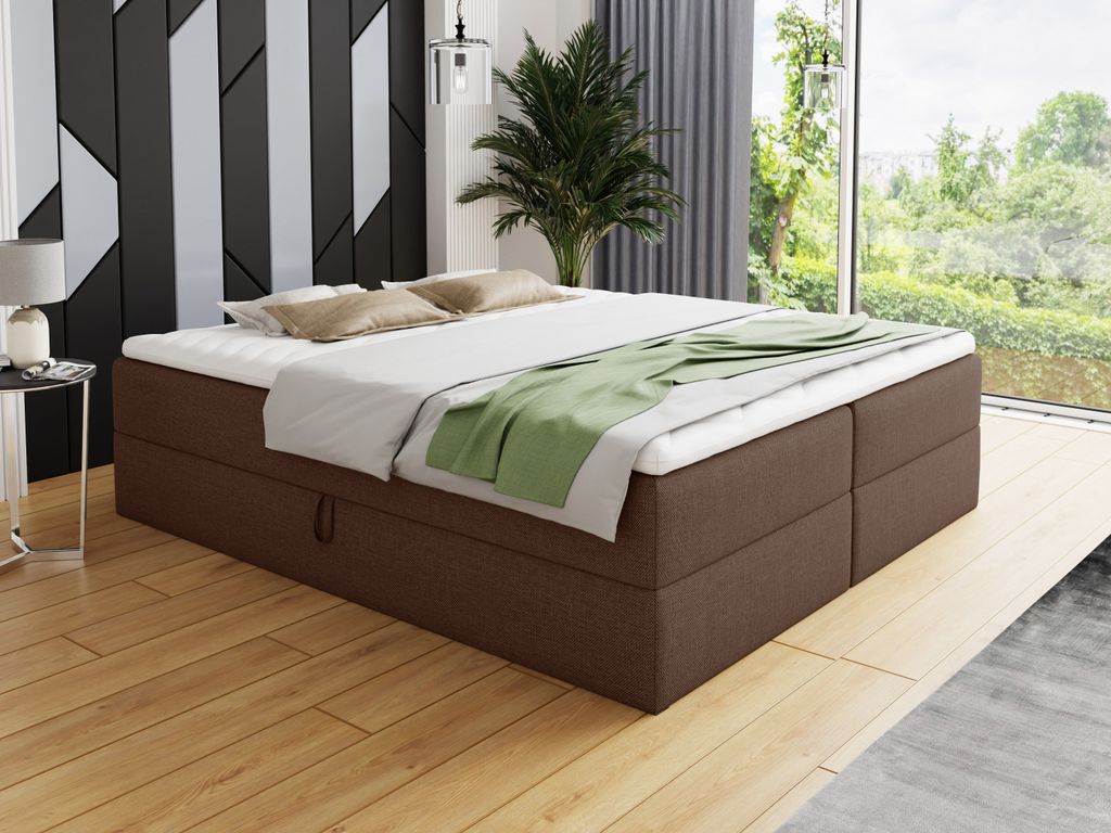Boxspringbett Base mit 2 Bettkästen - Doppelbett mit Bonell-Matratze und Topper, Polsterbett, Freistehendes Bett (Braun (Inari 24), 180 x 200 cm)