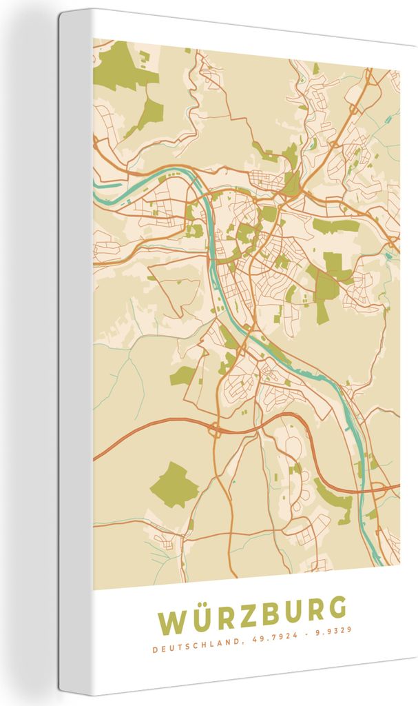 OneMillionCanvasses - Leinwandbilder - 90x140 cm, Karte - Würzburg - Jahrgang - Karte, Wandbilder Kunstdruck Wanddekoration - Foto auf Leinwand ...