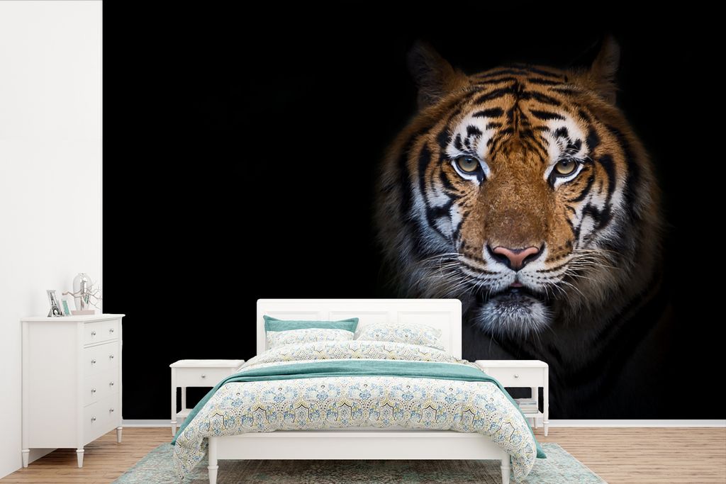 MuchoWow Fototapete für Wohnzimmer oder Schlafzimmer Wandtapete Vinyl Motivtapete Tiger - Tier - Porträt - 450x300 cm - Gemusterte