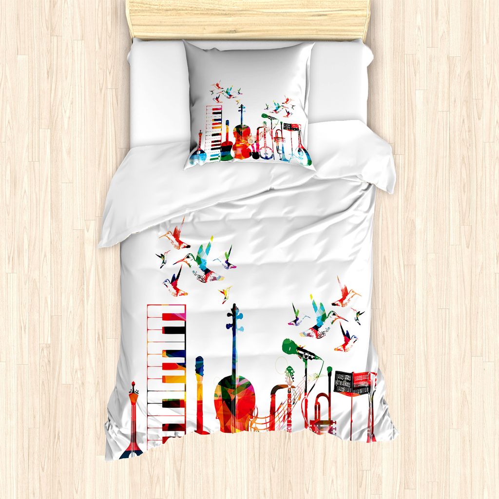 ABAKUHAUS Musik Bettbezug Set für Einzelbetten, Bunte Instruments, Milbensicher Allergiker geeignet mit Kissenbezug, 135 cm x 200 cm - 80 x 80 cm,...