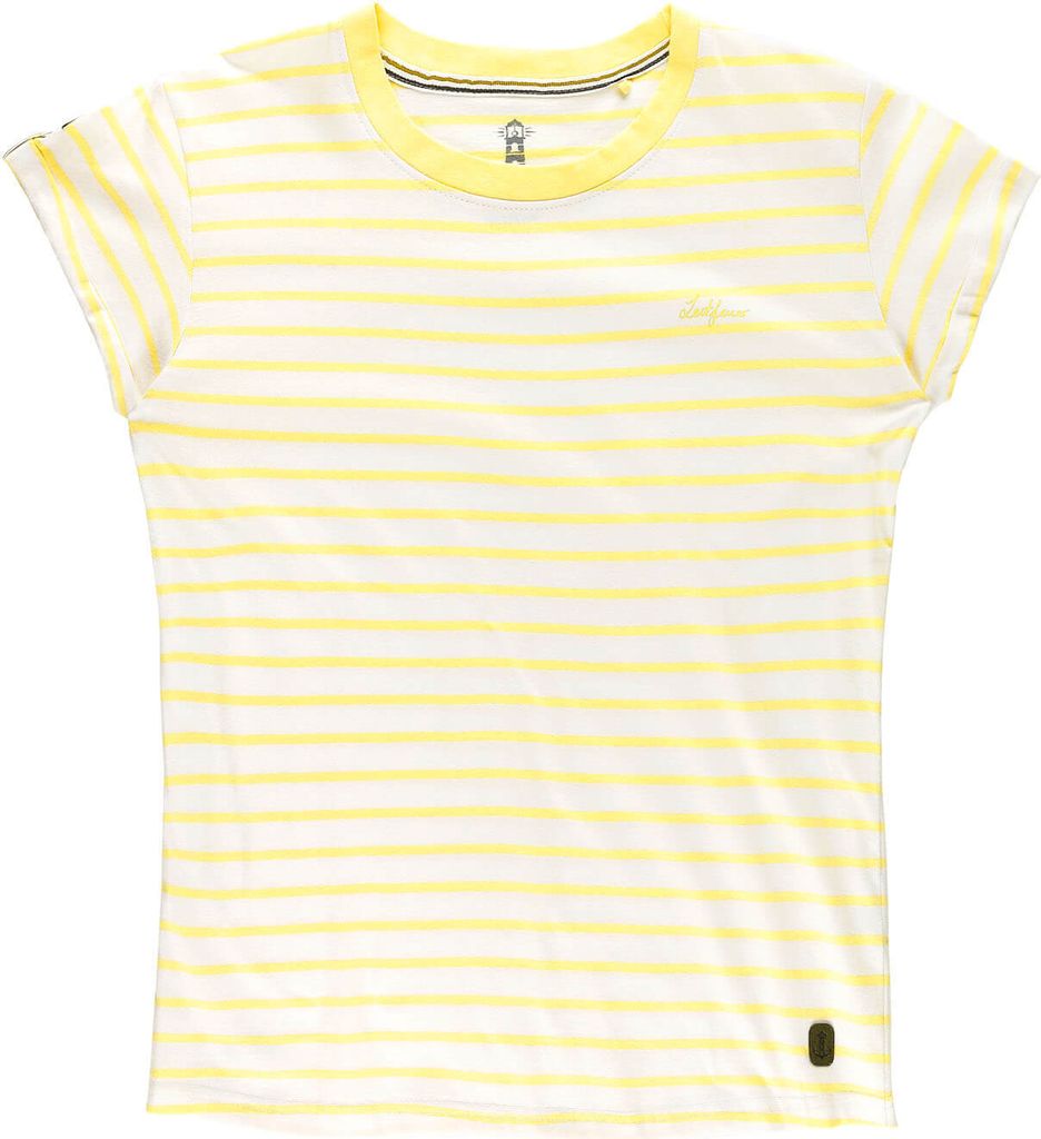 Leitfeuer Damen T-Shirt mit Allover-Streifen - Sommershirt mit umgeschlagenem Ärmelsaum in Pastellgelb-Weiß Größe L