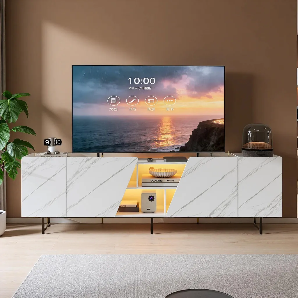 Banc TV blanc avec plateau effet marbre et 4 grands compartiments - 9