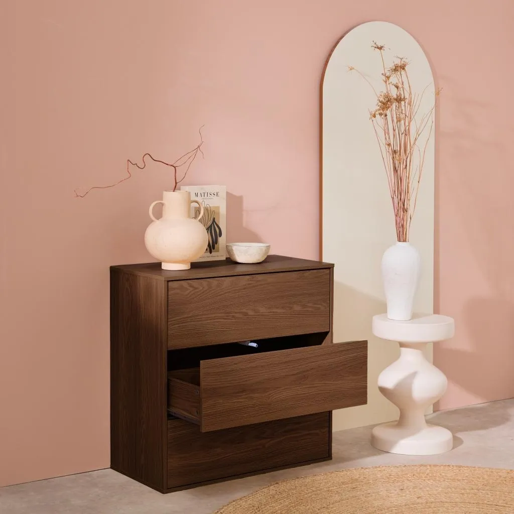 Modulo di stoccaggio decorativo in legno 3 cassetti, Noce - 6