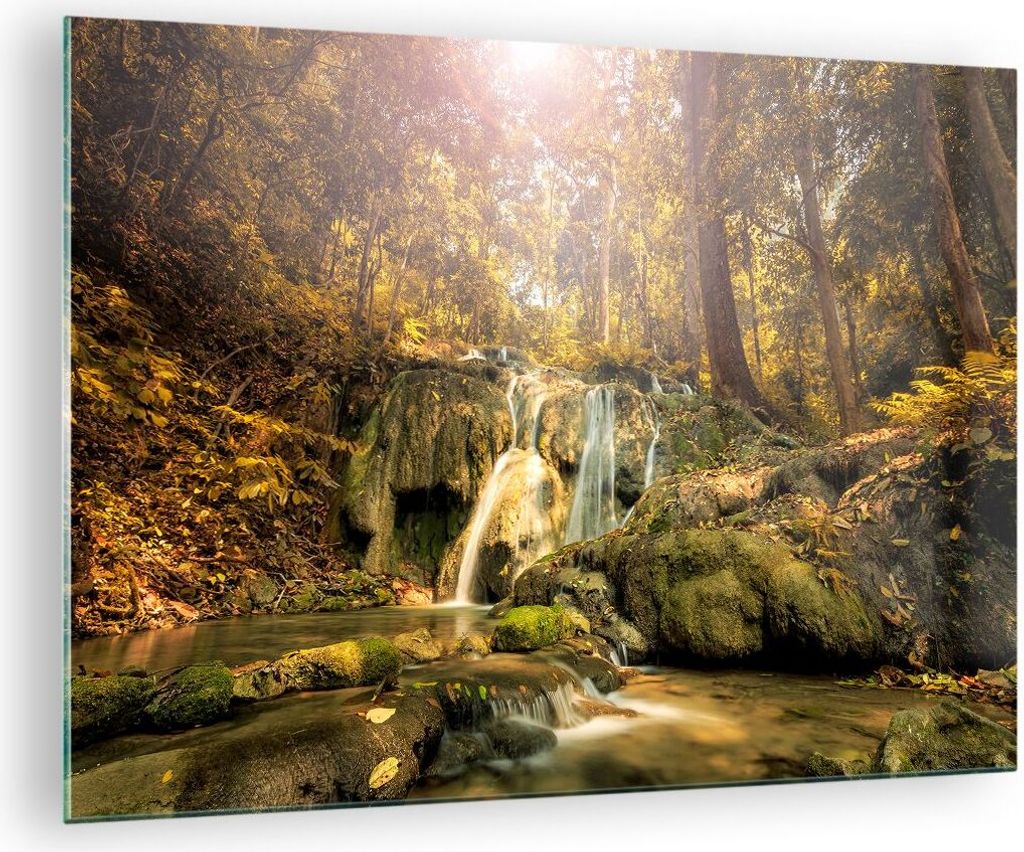 Bilder auf glas - Wald Wasserfall Natur Umwelt - 70x50cm - Glasbilder - Wandbilder - Kunstdruck - zum Aufhängen bereit - Wanddekoration aus Glas -...