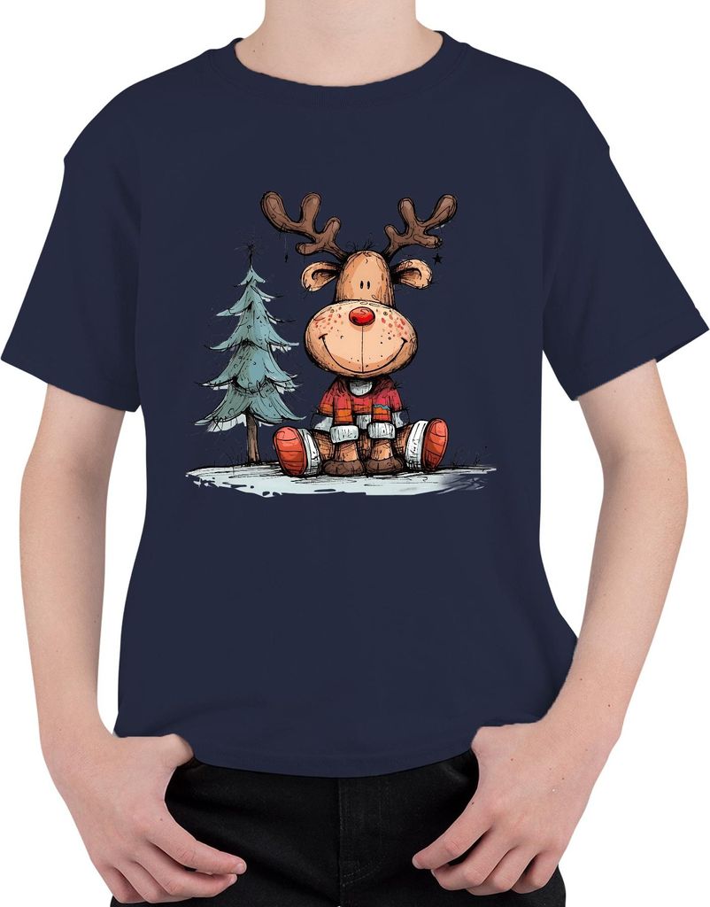 Lustiges Rentier mit roter Nase Weihnachtsbaum Geschenk Winter Uni Kinder T-Shirt, Navy, 104