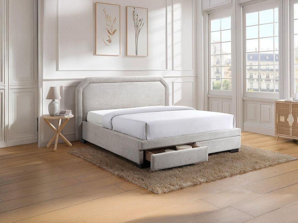 Bett mit Schubladen + Matratze - 140 x 190 cm - Stoff - Beige - INASTO