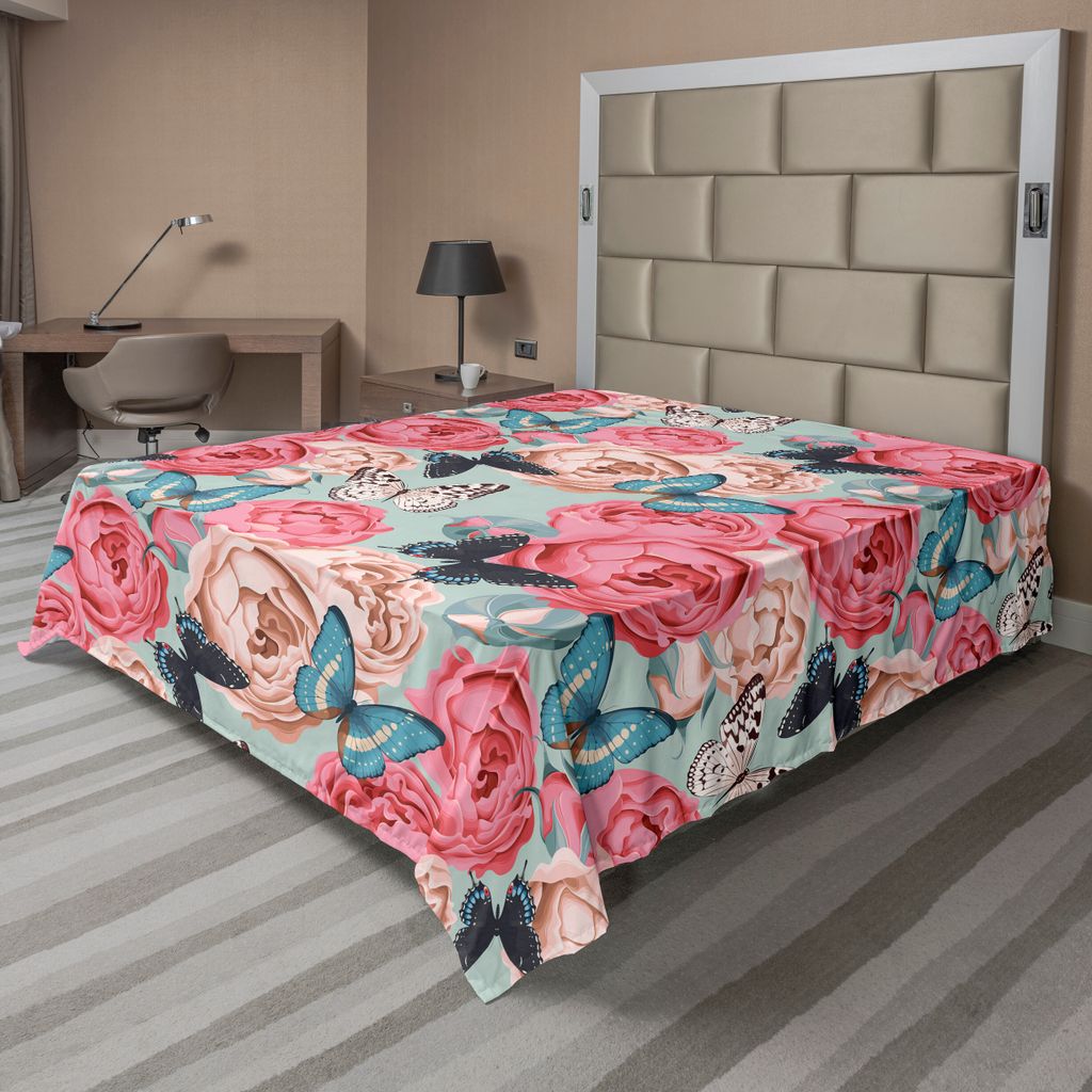 ABAKUHAUS Schmetterling Bettlaken, Pfingstrose Rosen Schmetterling Romantischer Grafischer Druck Retro Art Druck, weiches bequemes oberes Bettlaken...