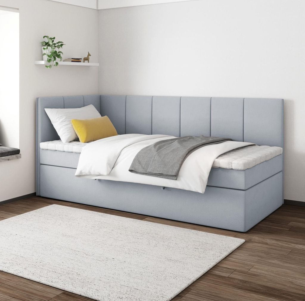 Boxspringbett POLA 100x200 cm, T25 Topper, Kinderbett, Jugendbett, Einzelbetten, Bett, Stauraum Polsterbett, Matratze H3, LINKS (Hellgrau - Itaka 51)