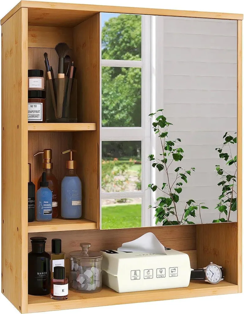 Armoire de salle de bain suspendue 2 portes miroir en bois de bambou