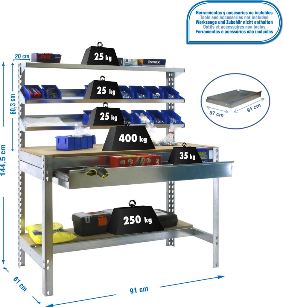 PROREGAL Werkbank BUFFALO mit Frontablage und Schubfach | HxBxT 84x90x61cm | Traglast 400kg | Verzinkt