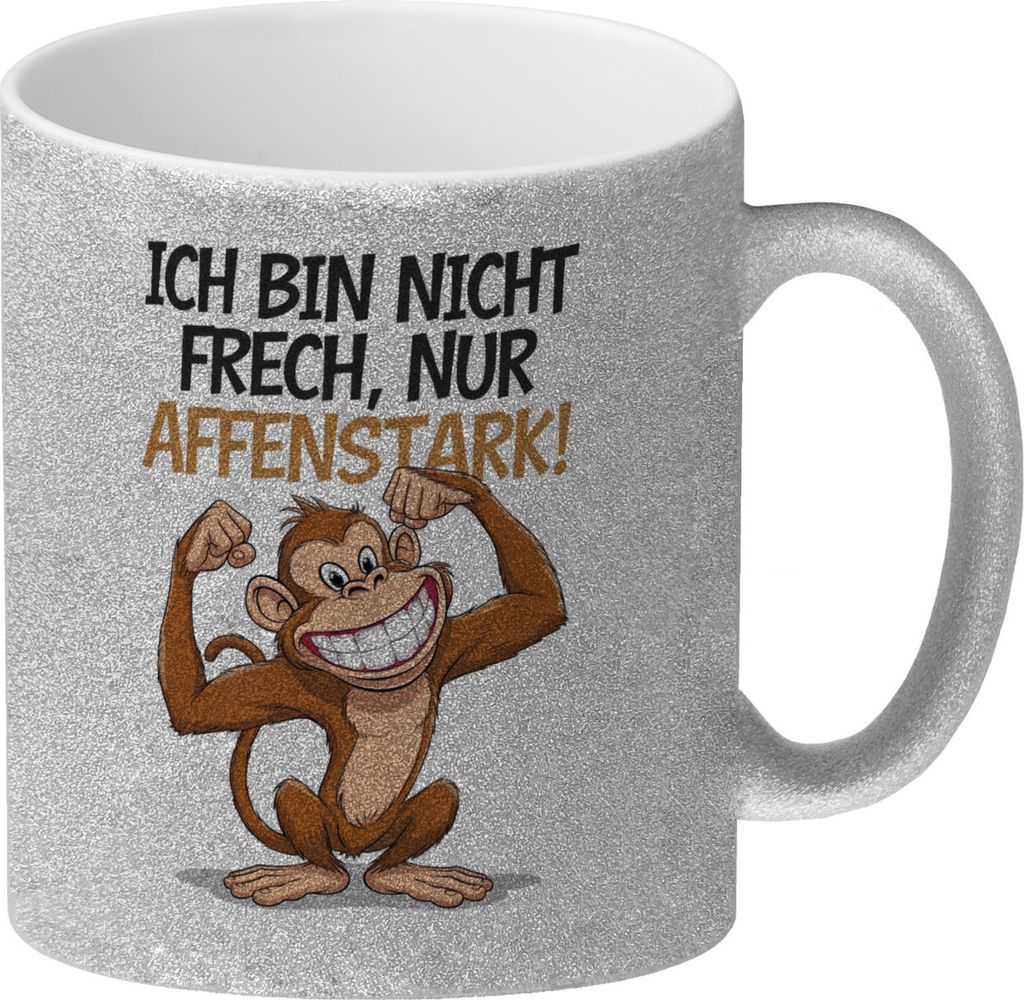 Nicht frech sondern Affenstark Glitzer-Kaffeebecher mit Cartoon Affe