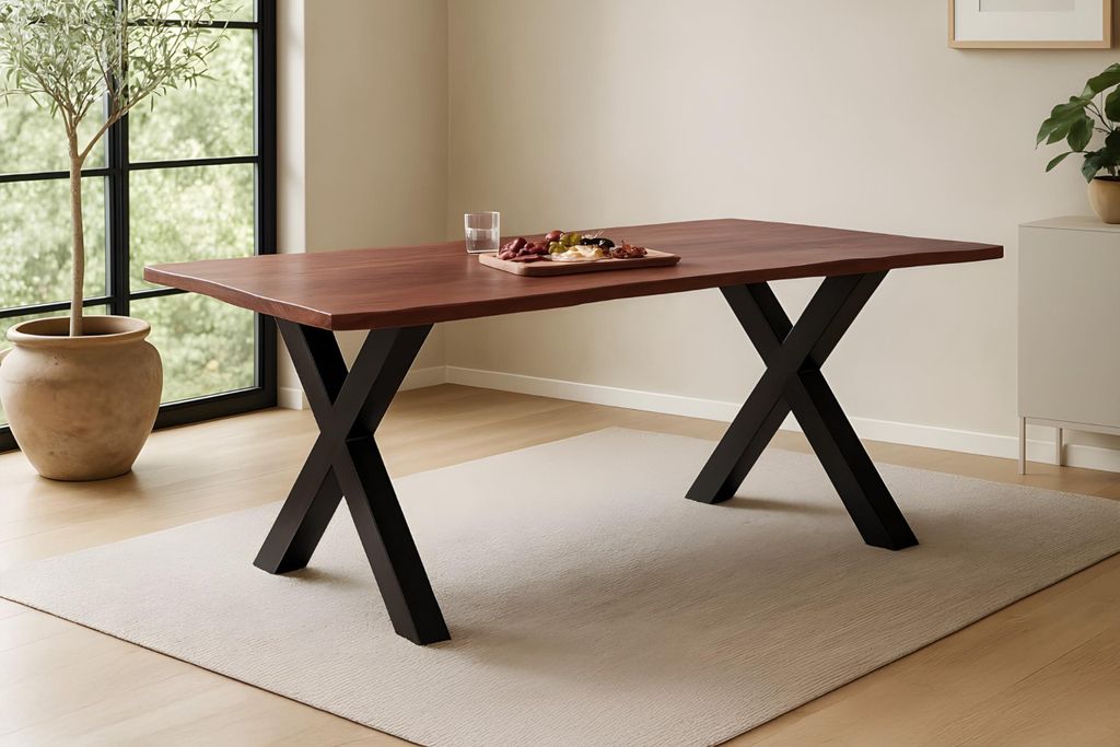 Esstisch Roxana | 180 x 90 cm | Akazienholz massiv | Kastanienfarbig | Echte Baumkante | X-Gestell Metall Schwarz | pflegeleichter Massivholztisch/...