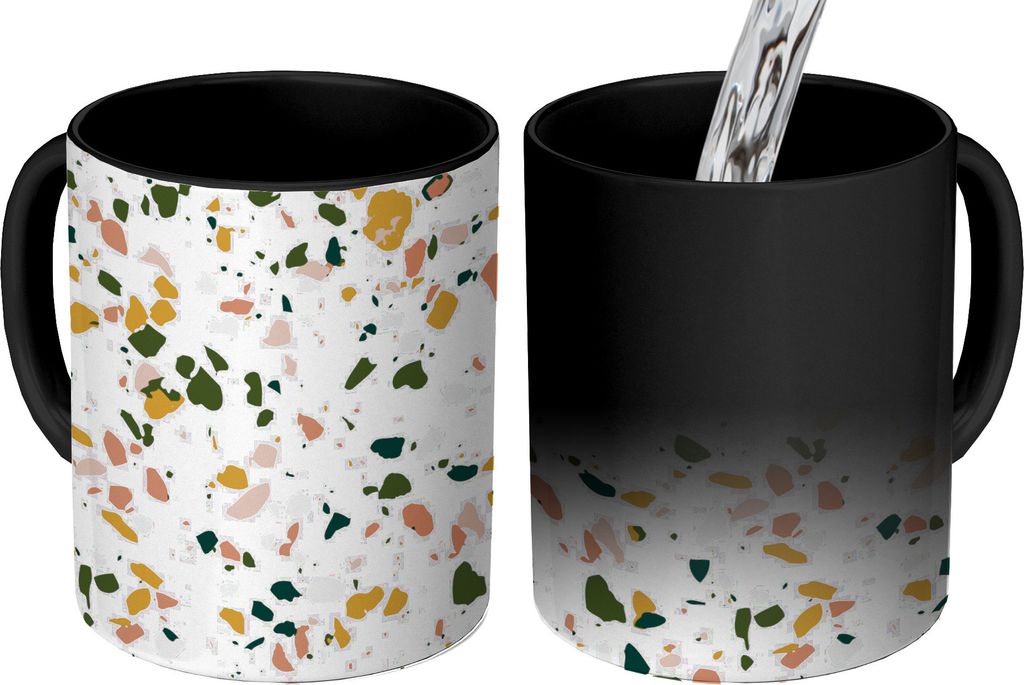 MuchoWow Zauber Tasse Zaubertasse Magic Grau - Orange - Terrazzo - Muster 350 ml Farbwechsel Becher Geschenk Geschenkidee - Magic-Tasse - Fototas...