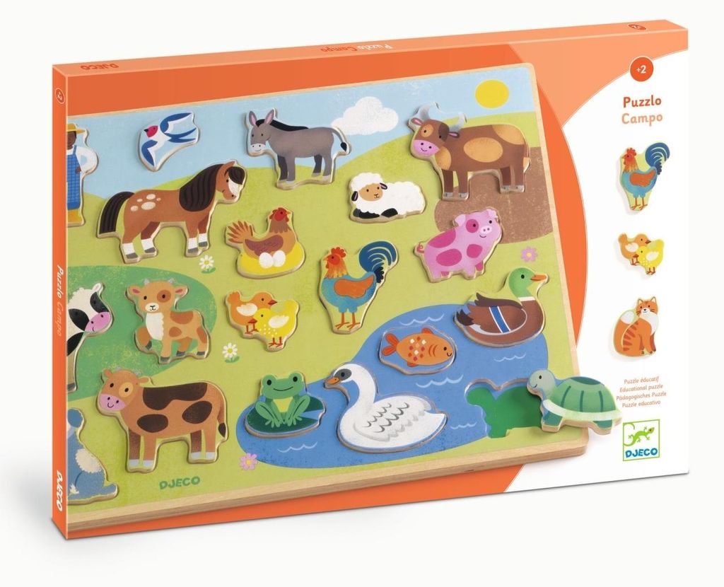 Djeco Holzpuzzle FarmAnimo Bauernhof-Thema, 22 dicke Tiersilhouetten Teile, 30 x 42 x 1,2 cm, ab 2 Jahren