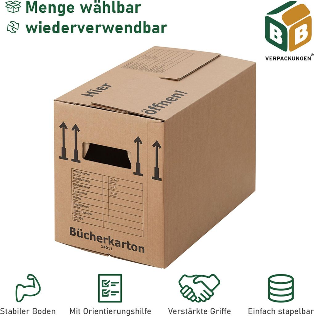 100 x Bücherkarton Compact 40 kg Traglast stabiler Umzugskarton Bücherkiste Umzug 2-wellige Movebox BB-Verpackungen