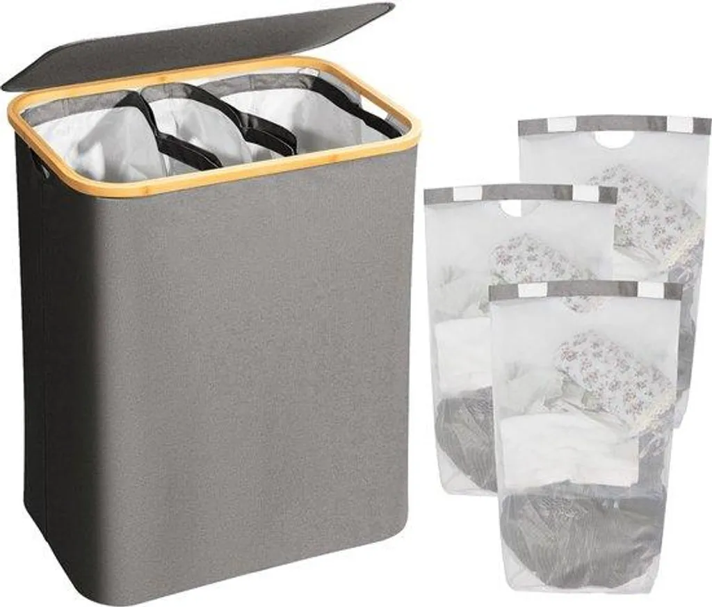 Panier à linge 3 compartiments gris foncé avec bac rabattable 160L