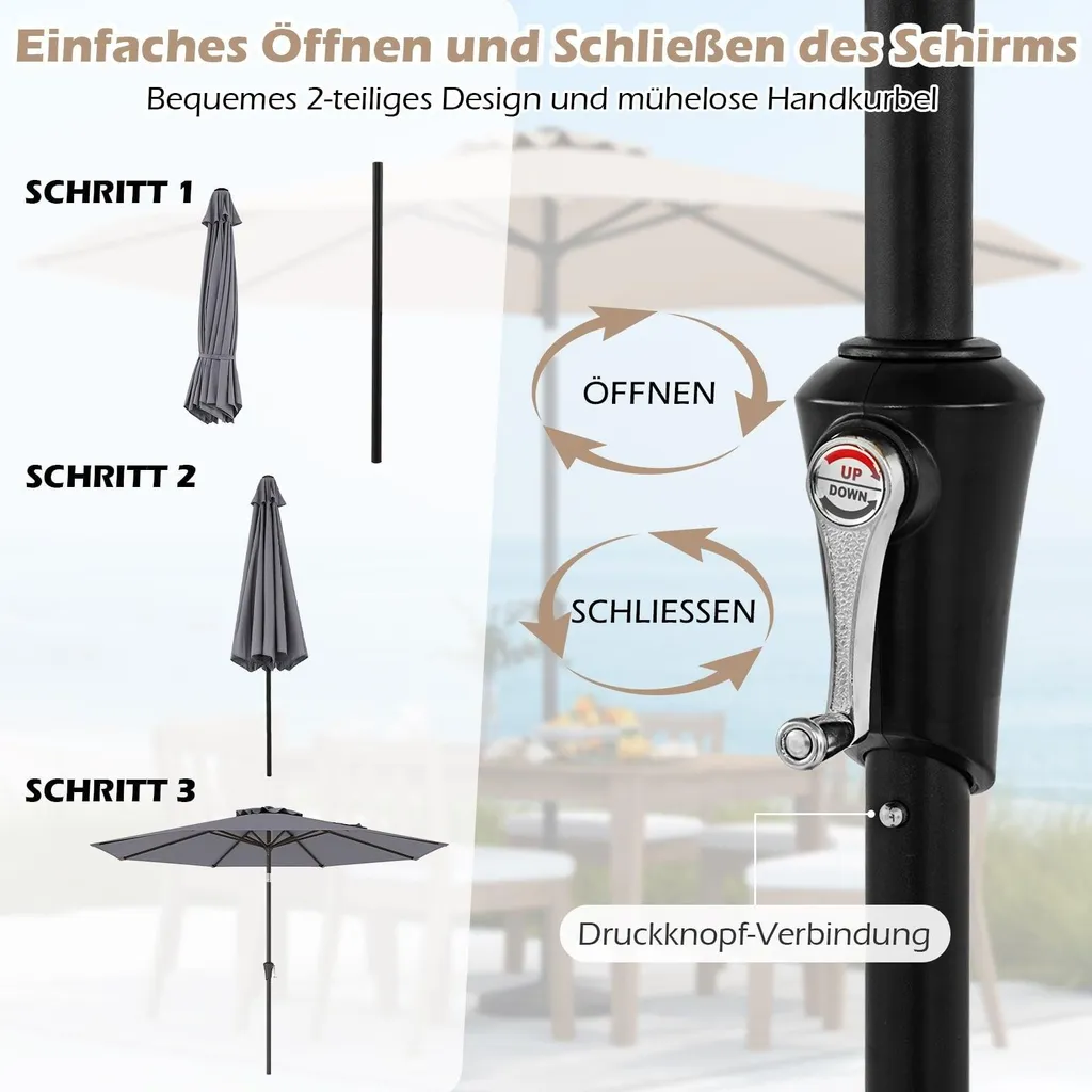 Parasol inclinable 300cm gris résistant à l'eau pour table de jardin - 4