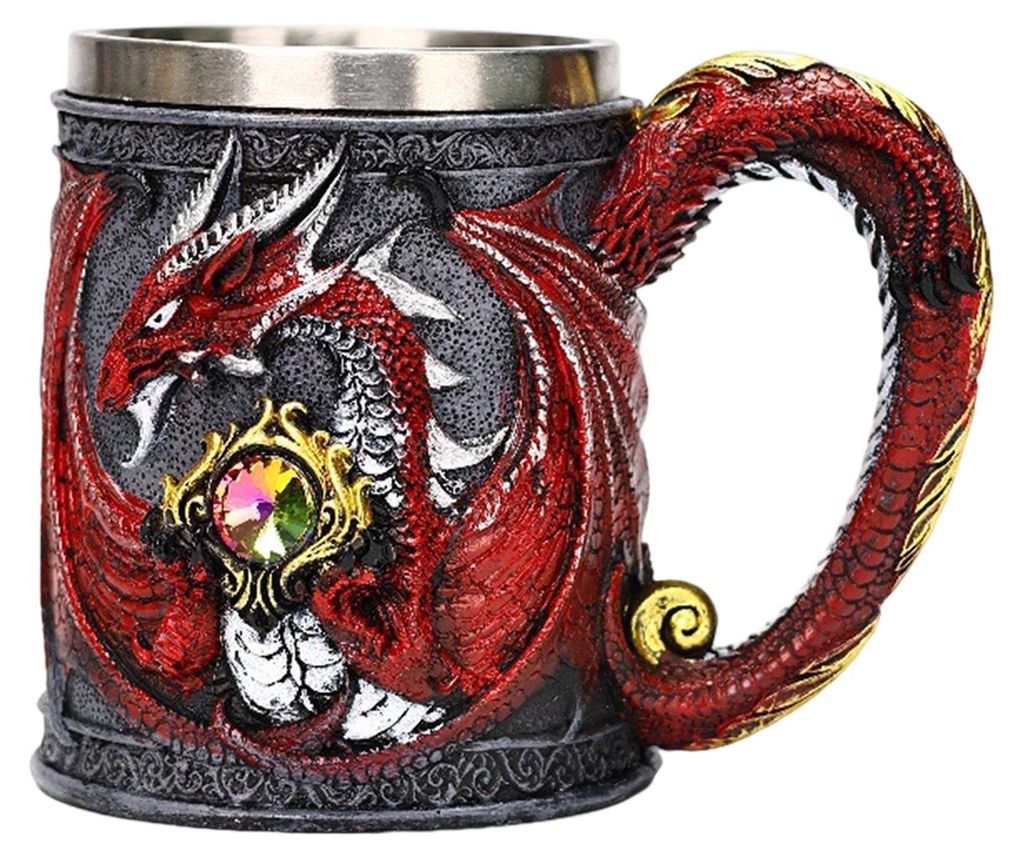 Bierkrug aus Edelstahl, 600 ml, Retro-Kaffeebecher, Teebecher, mittelalterlicher Drachenbecher aus Kunstharz für Fantasy-Fans