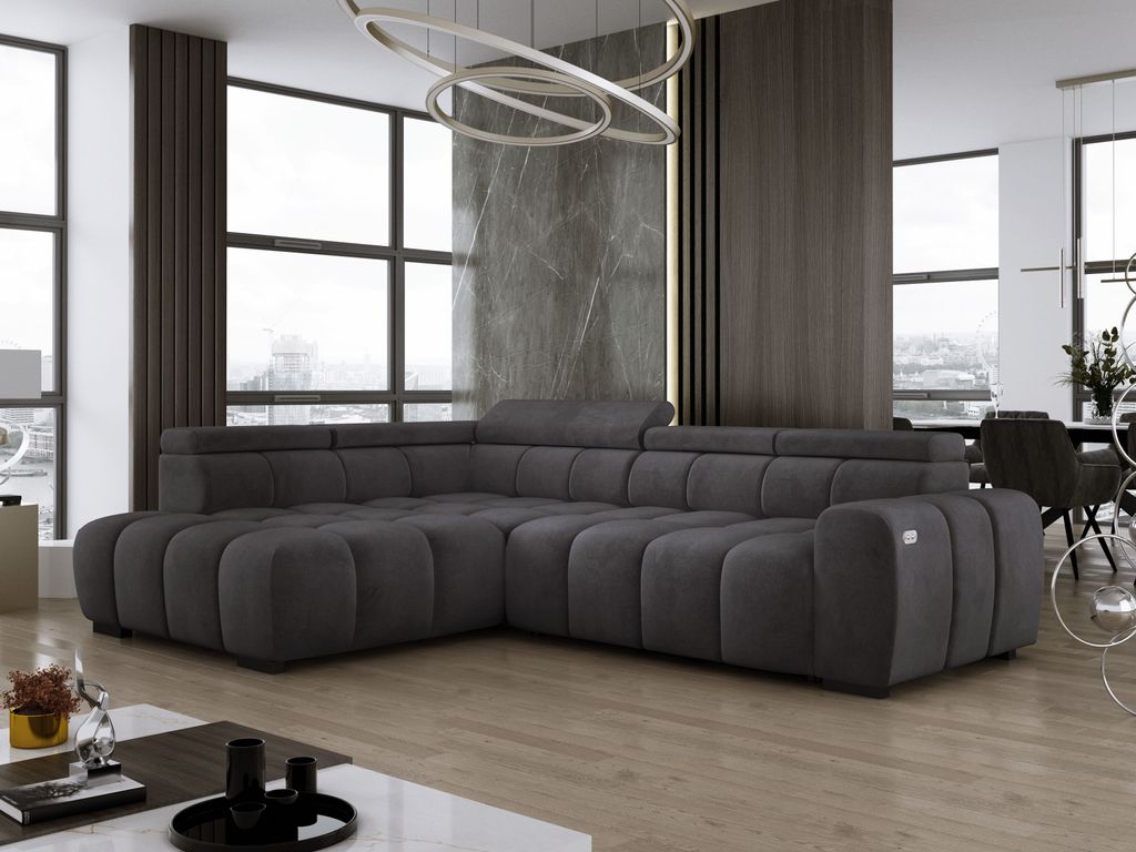 DomoHome Freistehend Ecksofa Ombo 297x137cm, L-Form, GRAFIT mit Schlaffunktion 125x193cm, Sofa mit verstellbarer Rückenlehne, Strukturstoff Salvad...